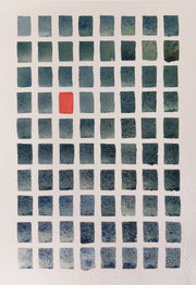 Abstract painting made up of green and grey coloured rectangles with one red one. Painted by David Muddyman and called Plymouth Sound