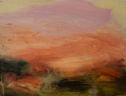 painting of a sunset by artist Katy Brown it is in sales of pink, orange and yellow above a dark green field