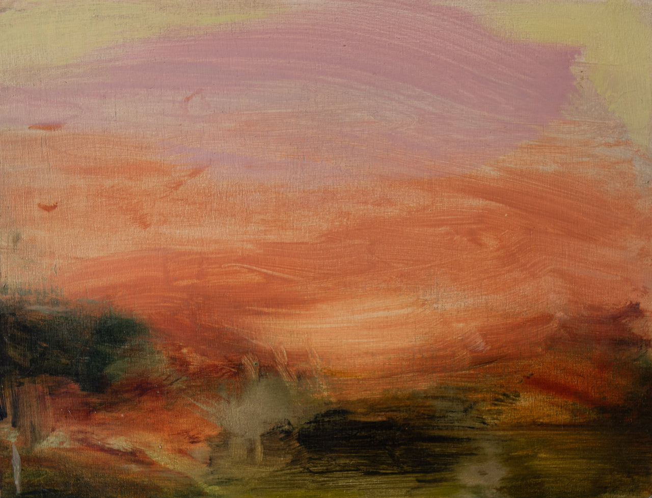 painting of a sunset by artist Katy Brown it is in sales of pink, orange and yellow above a dark green field 