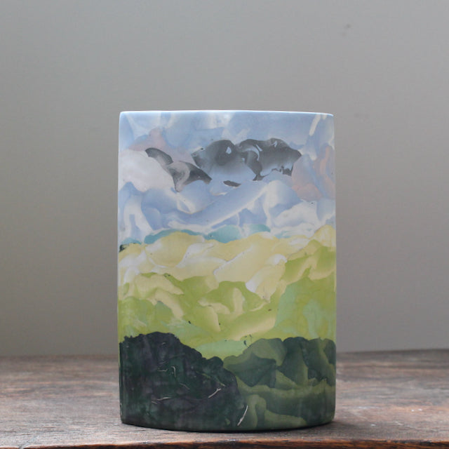multicoloured ceramic vase in the Nerikomi style by Essex based ceramic artist Judy McKenzie