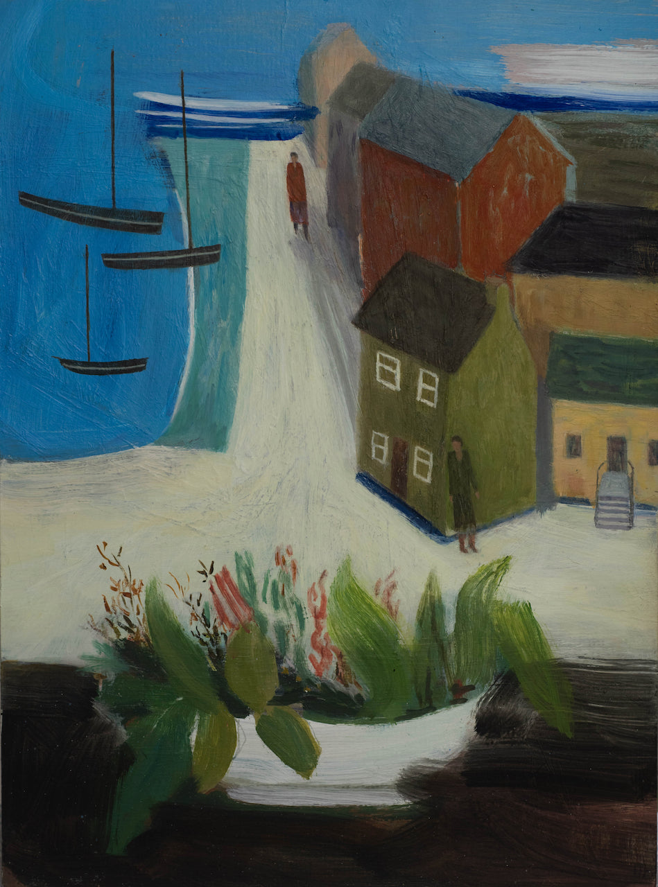 oil painting by Cornwall artist Heath Hearn showing the view from a window of a harbour and surrounding houses