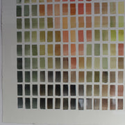 close up detail of abstract watercolour painting of many coloured rectangles in a grid by Devon based artist David Muddyman