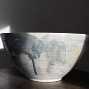 large ceramic bowl glazed in pale greys and yellows made by UK ceramicist Kate Welton