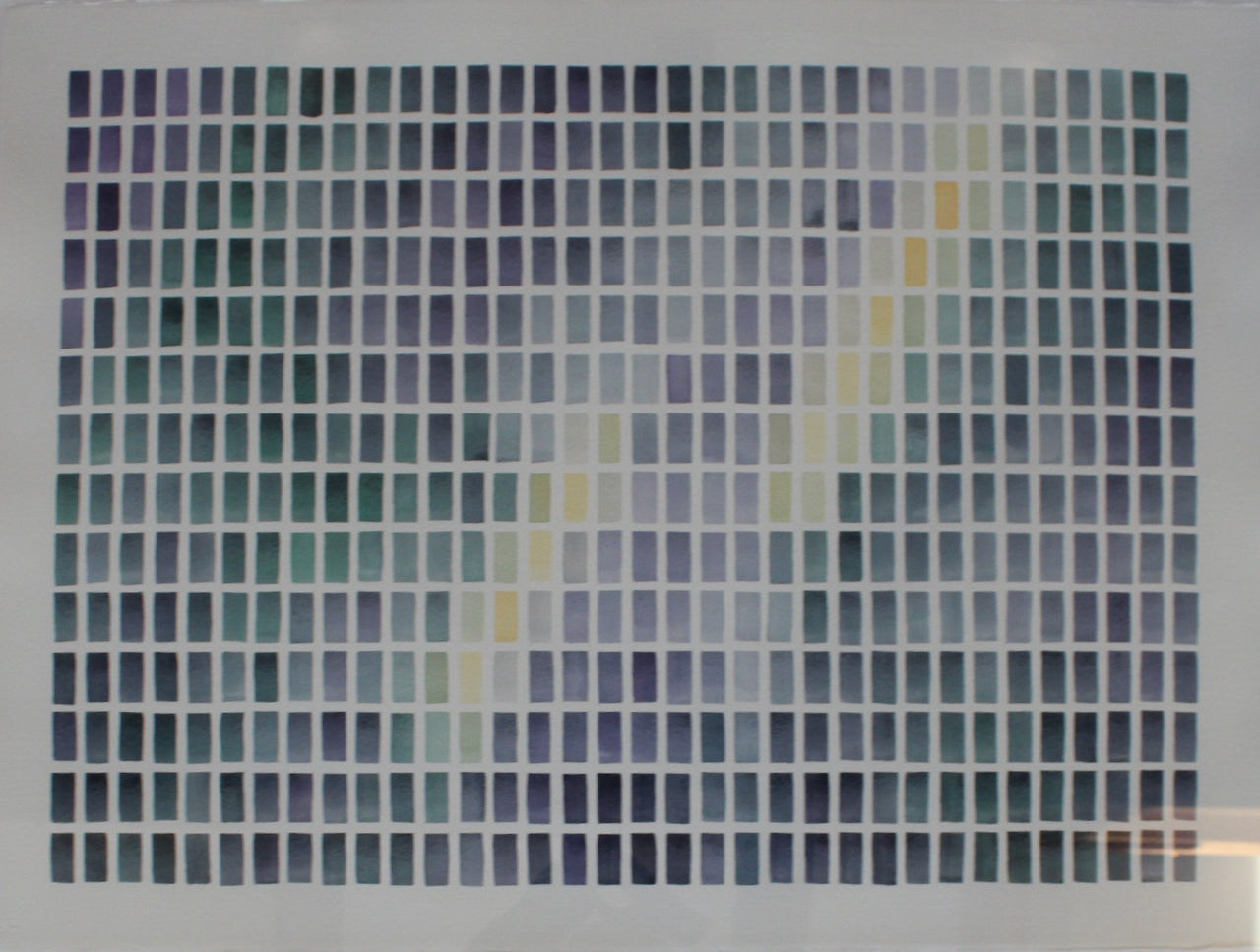 abstract watercolour painting of green, purple and yellow coloured rectangles in a grid by UK artist David Muddyman