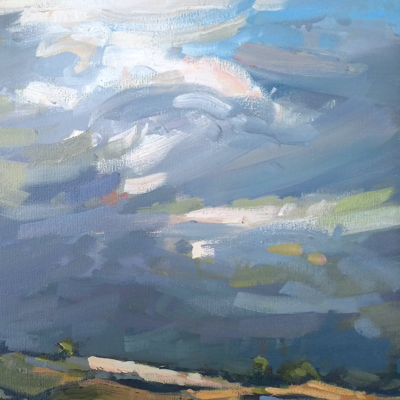 A landscape painting with large sky