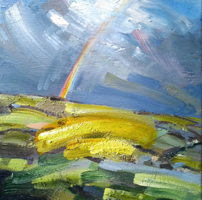 Painting of a rainbow above a yellow field by Cornwall artist Jill Hudson at the Byre Gallery 