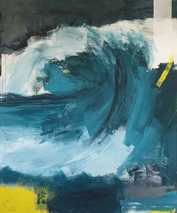 Abstract wave painting with tones of blue, white and yellow by artist Natalie Day