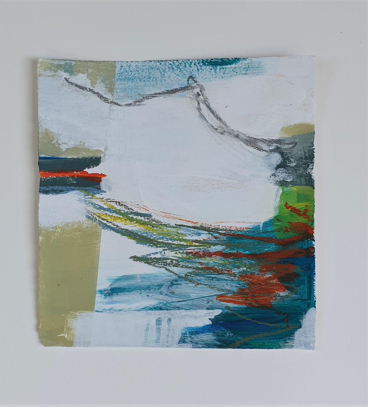 Abstract image by artist Natalie Day, with white, blue and brick red pastels