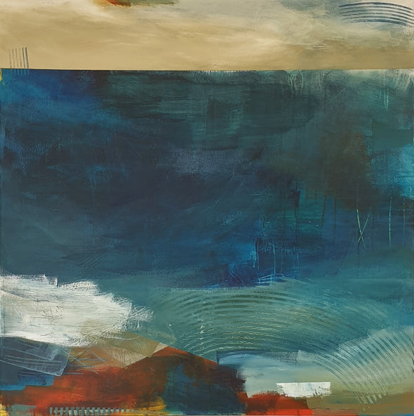 Abstract painting by artist Natalie Day with tones of blue, ochre and burnt orange and white