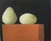 Artist Philip Lyons painting of two gourds on an orange brick with black wall behind
