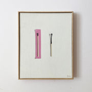 Neutral background with slightly burnt painting of match with pink tape background and half burnt match next to it by artist Bess Harding