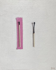 Neutral background with slightly burnt painting of match with pink tape background and half burnt match next to it by artist Bess Harding.