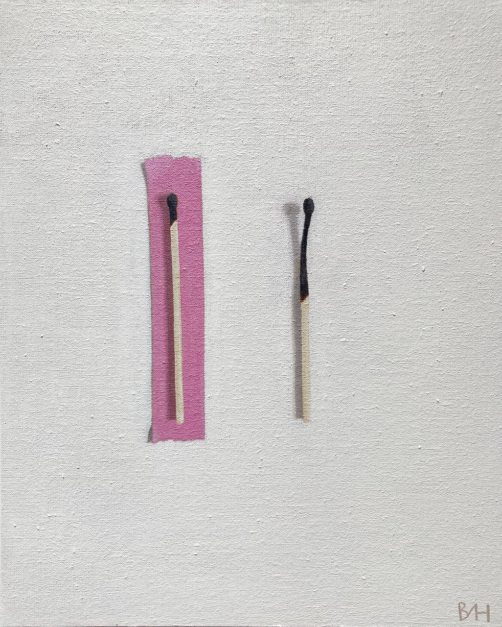 Neutral background with slightly burnt painting of match with pink tape background and half burnt match next to it by artist Bess Harding.