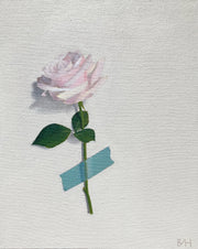 Neutral background with painting of single stemmed white rose covered by blue a piece of blue tape by artist Bess Harding