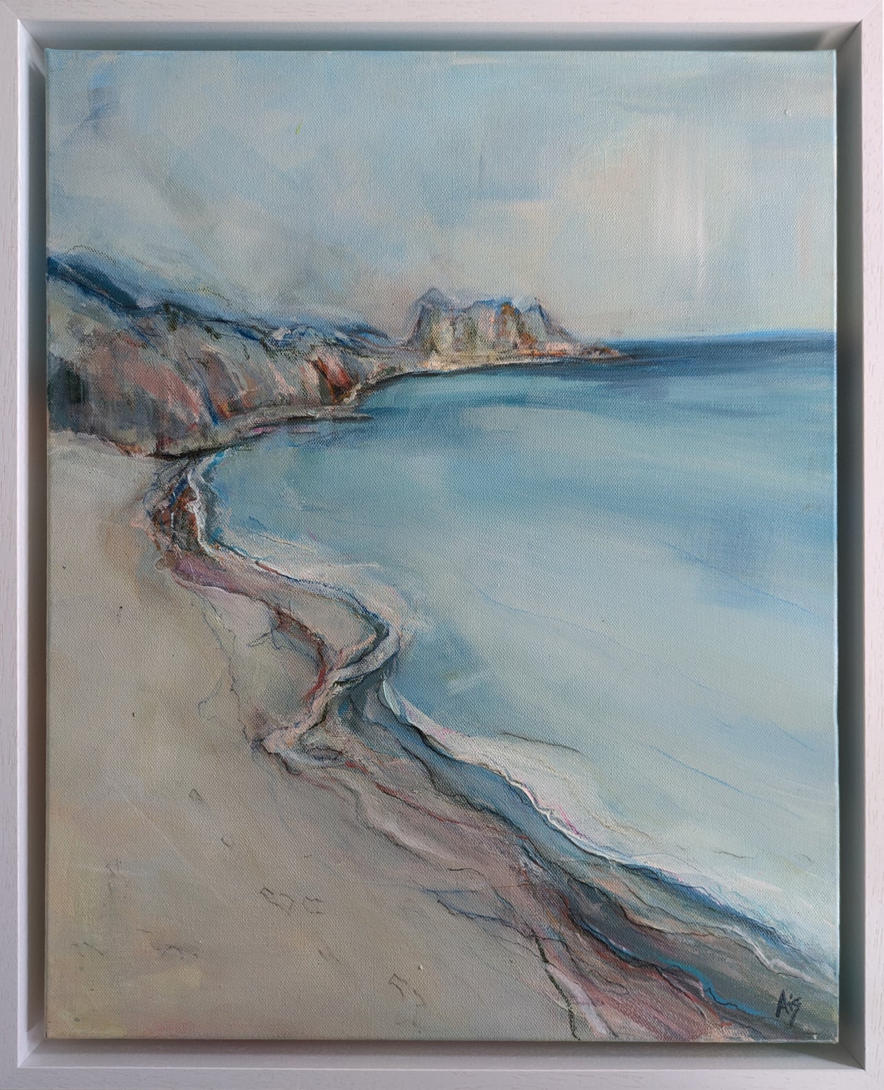 Painted shoreline of sand, sea and headland in background by Aisleigh O'Neill