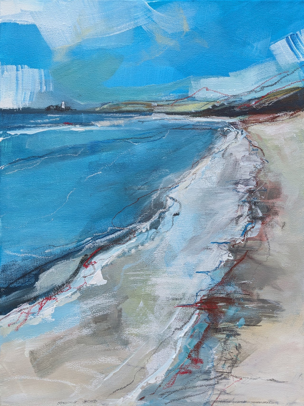 Sandy coastline with blue & white sea, shoreline in the background by Aisleigh O'Neill