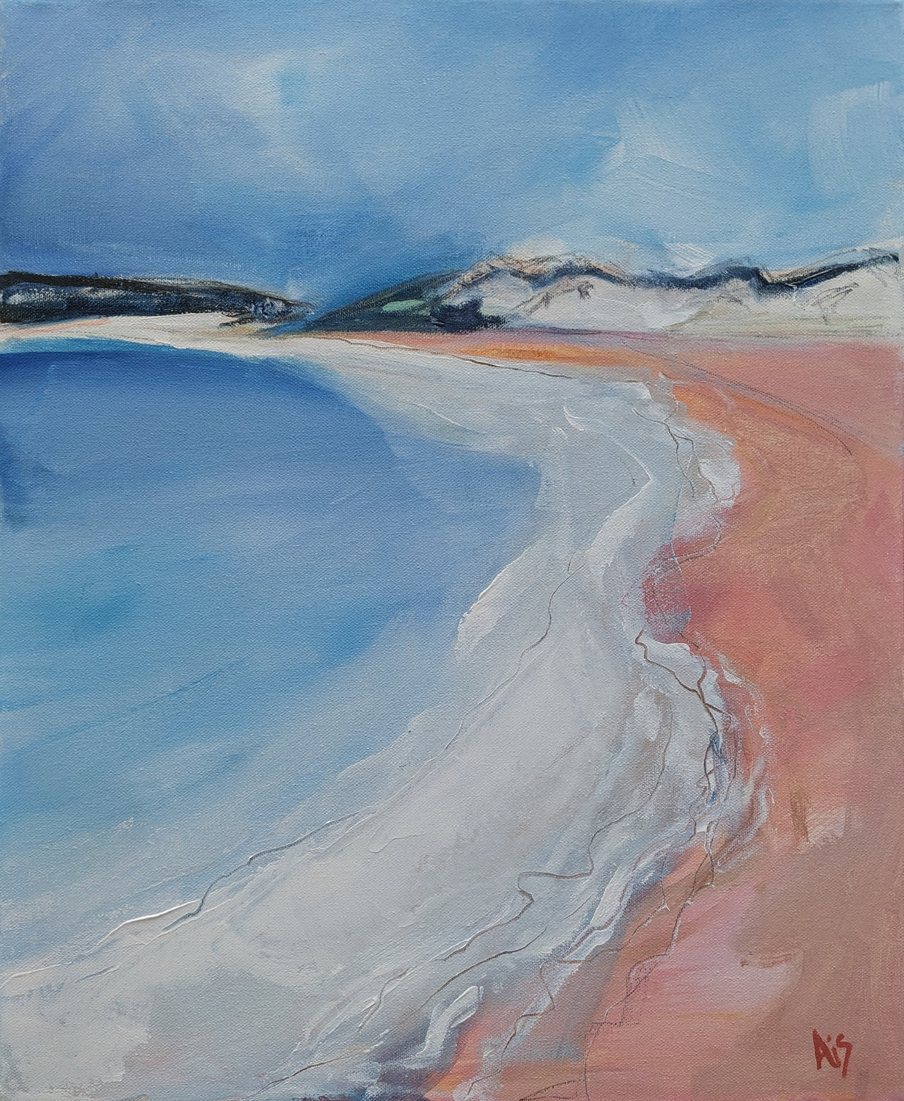 Coastline painting of blue & white sea lapping on the sand with headland to the background by Aisleigh O'Neill