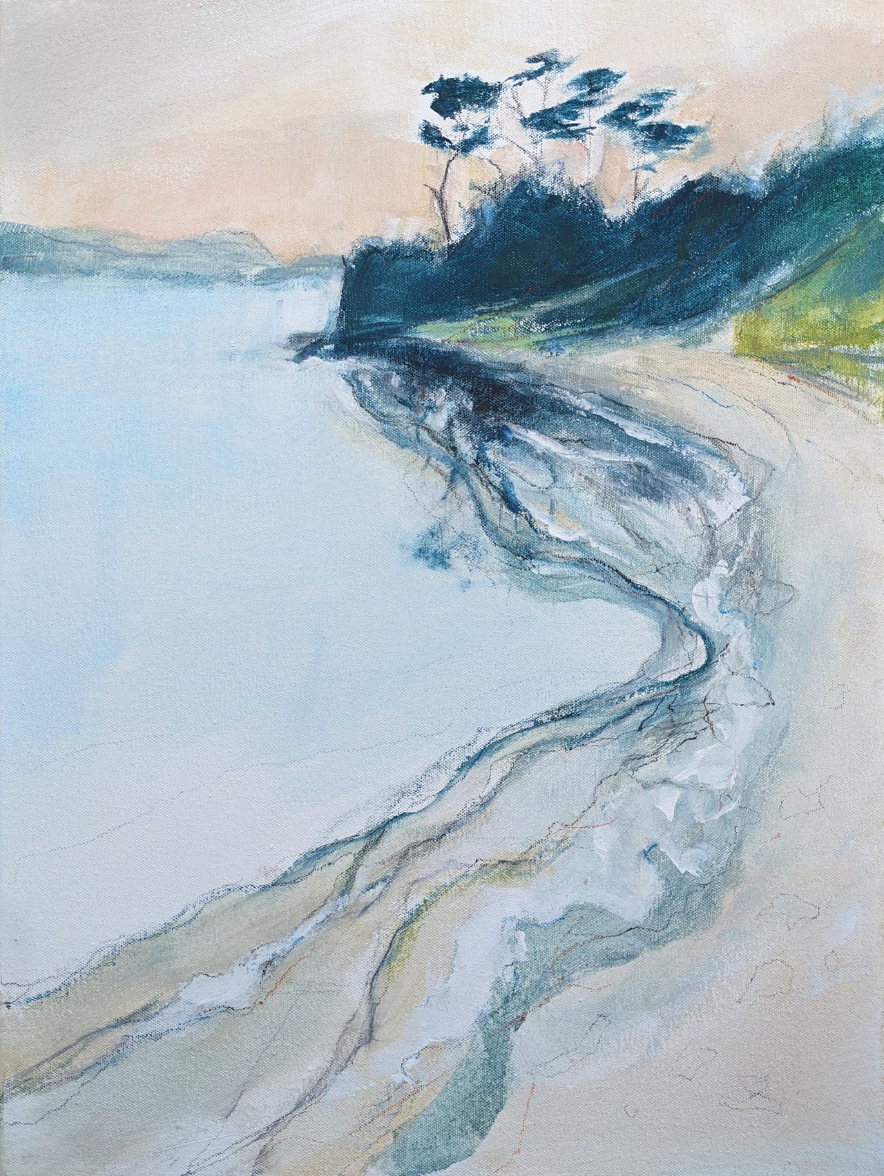 Shoreline painting with windswept trees in background by Aisleigh O'Neill