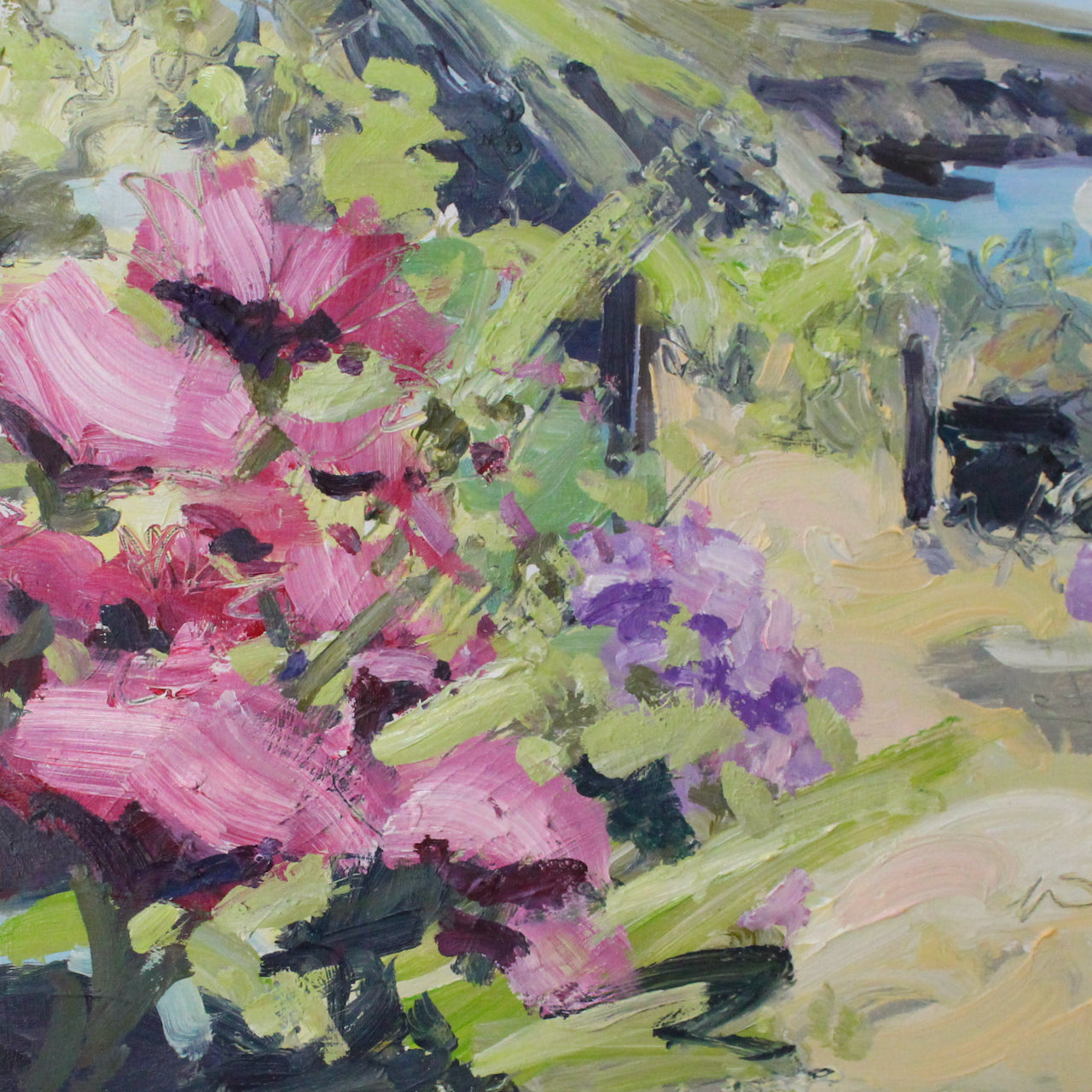 close up detail of a Jill Hudson painting of pink flowers on a coast path