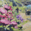 close up detail of a Jill Hudson painting of pink flowers on a coast path 