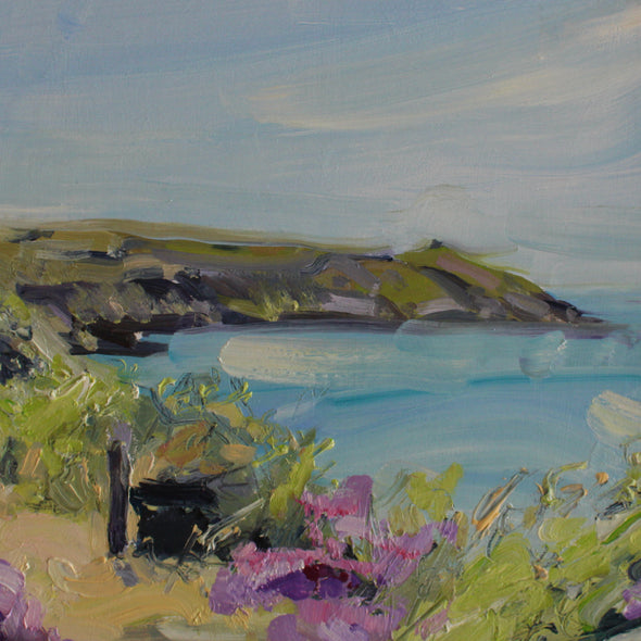 Jill Hudson painting of Rame Head in Cornwall with pink flowers in foreground 