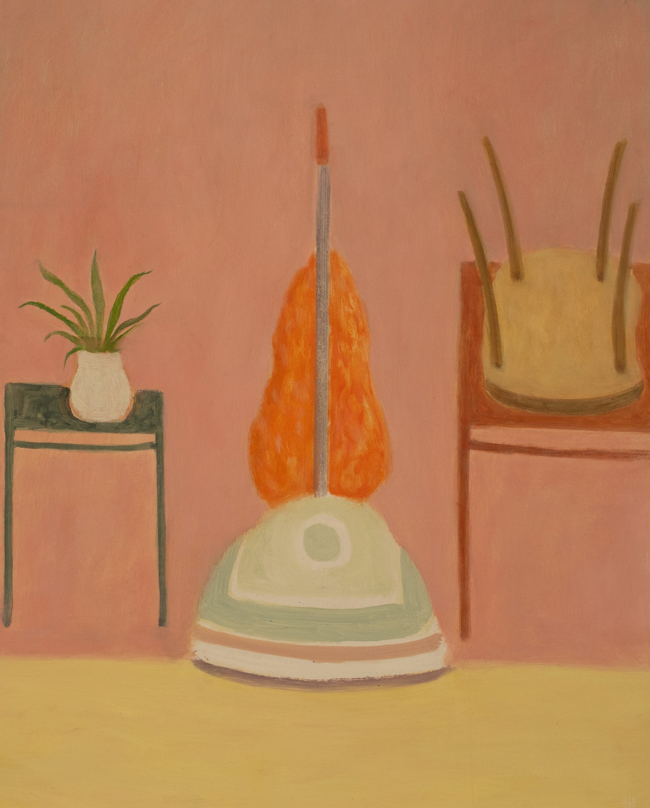 Oil painting of a retro hoover stood between two tables in soft tones of pink by artist Heath Hearn