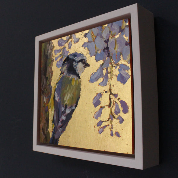 Artist Jill Hudson framed gold lustre background with blue tit and blue flowers.