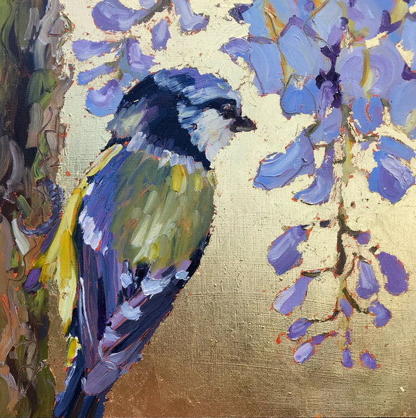 Artist Jill Hudson gold lustre background with blue tit and blue flowers