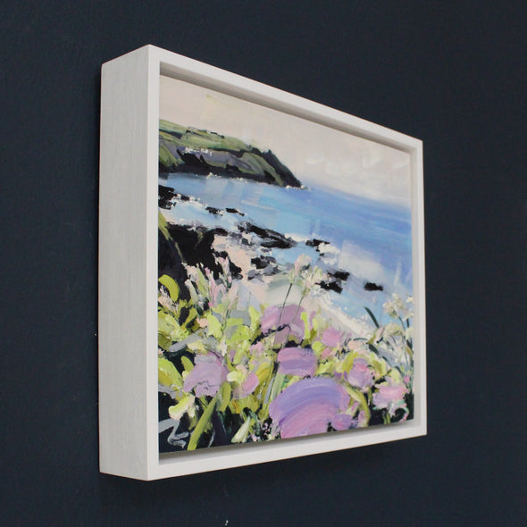 Jill Hudson painting of Rame Head in Cornwall with tones of violet, pinks and yellows and blue seascape by artist Jill Hudson.