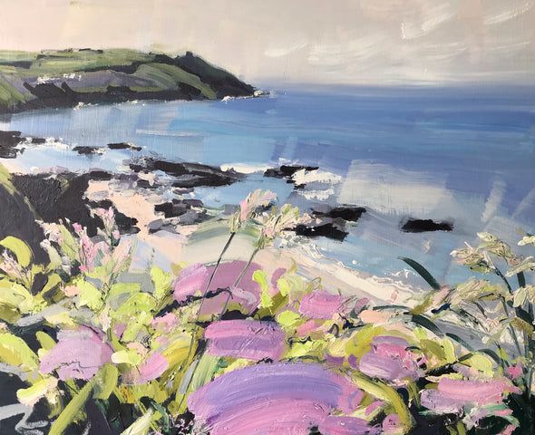 Headland painting with tones of violet, pinks and yellows and blue seascape by artist Jill Hudson