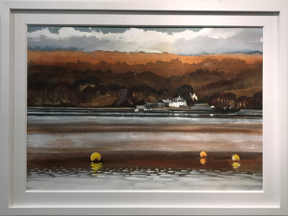 Seascape with bouys in foreground, building on headland in the background with brown landscape in the background and white clouds by Steven Buckler