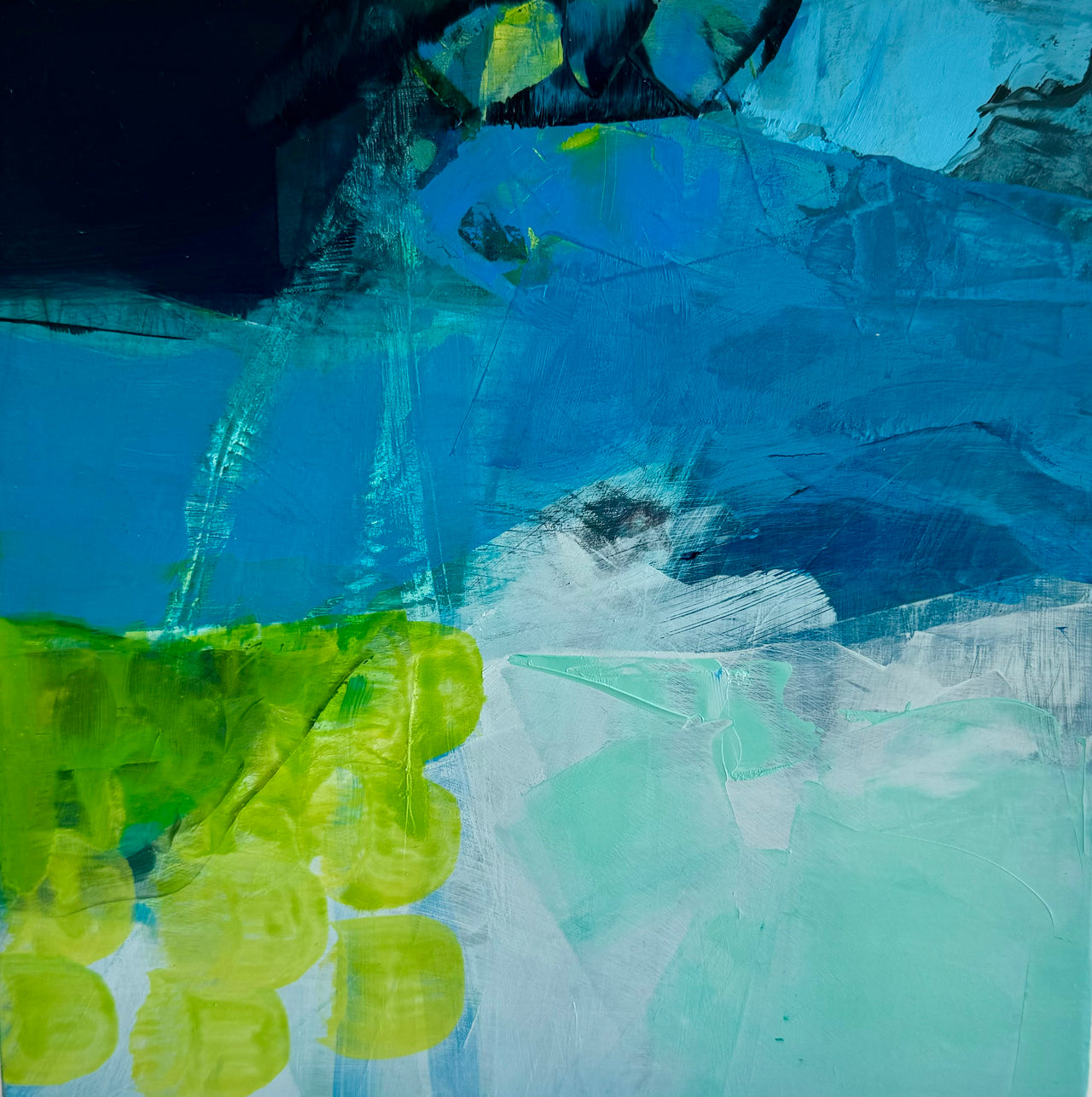 Abstract painting in tones of blue, white and green by artist Katherine Palmers-Needham