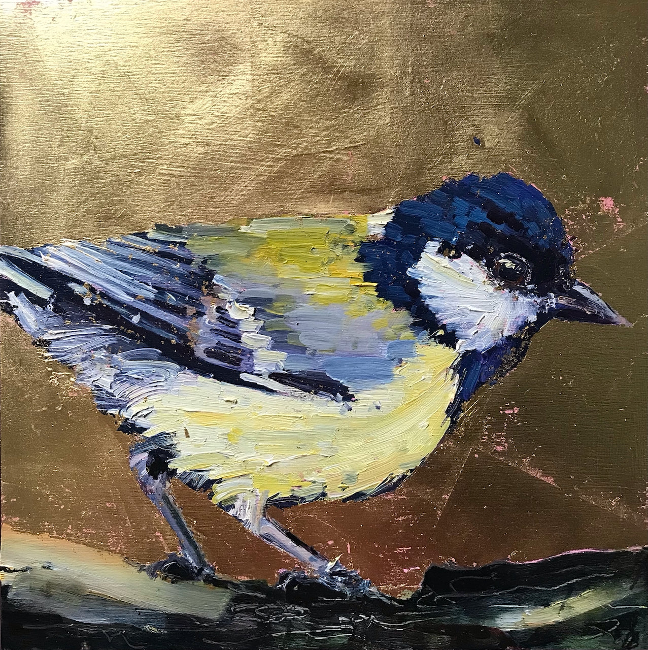 Jill Hudson painting of a yellow and blue bird on a tree branch against a gold background 