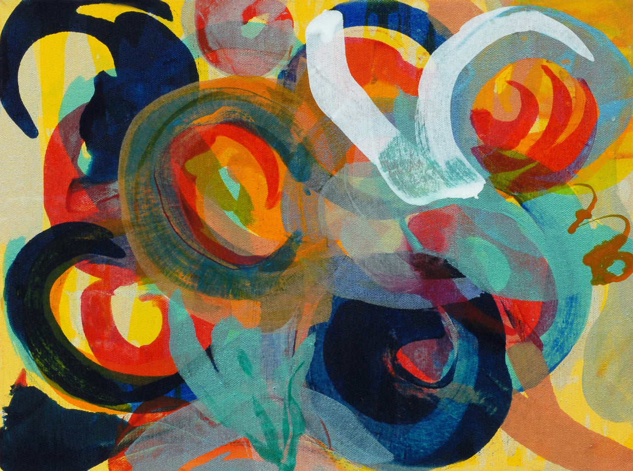 Abstract piece with coloured circles in black, green, oranges and yellows by artist Ella Carty.