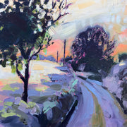 landscape painting by Jill Hudson of a country lane at sunset, an orange sky, dark trees and hints of purple on the road and hedgerows