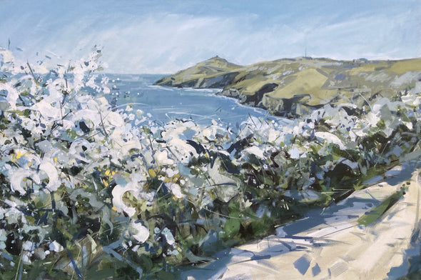 White blossom path with green coastline of Rame Head  in the background, blue sea, blue and white sky by Cornish artist Imogen Bone