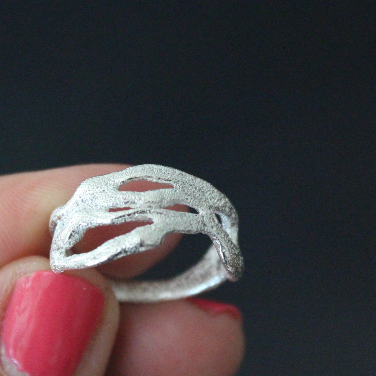 Organically hand sculpted silver Sea Siren ring, with delicate handcrafted surface detail by Cornish artist Claire Stockings-Baker