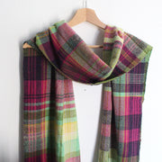 Teresa Dunne handwoven lambswool scarf in deep pink, pale green and yellow 