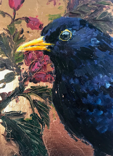 Floral background of green, pink and gold with blackbird in foreground by artist Jill Hudson