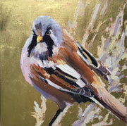 Jill Hudson painting of a brown and grey bird with a yellow beak on a gold lustre background 