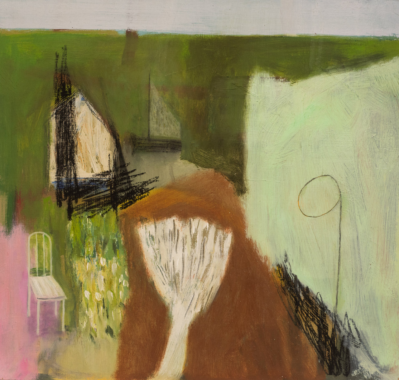 Painting with shades of green, pink and brown, with white chair by artist Heath Hearn