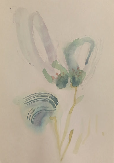 semi abstract water colour of flower stem in pale blues  and purples by artist Tara Leaver