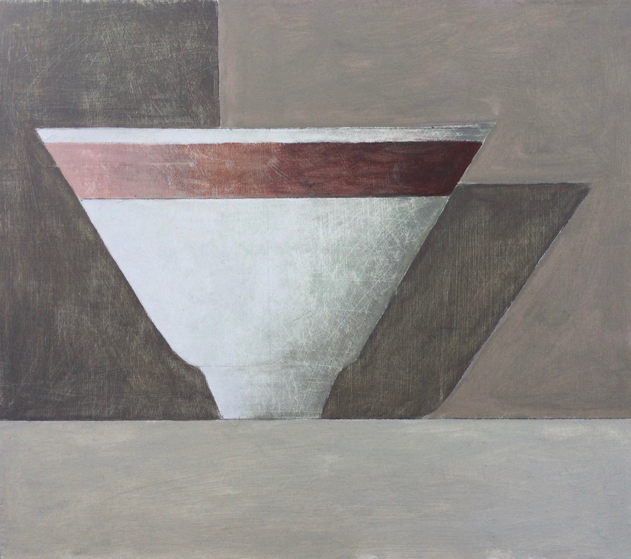 Close up painting of white bowl with dark red stripe detail against muted tone background by artist Philip Lyons