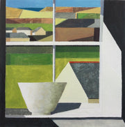 UK artist Philip Lyons, white bowl on white window sill looking out to green landscape, houses and blue ocean in far distance