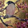 Square painting with gold background, bullfinch in foreground amongst branches and pink blossom by artist Jill Hudson