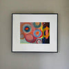 Cornish artist Ella Carty abstract piece with vibrant colours of pink, red, pink, yellow, grey and blue