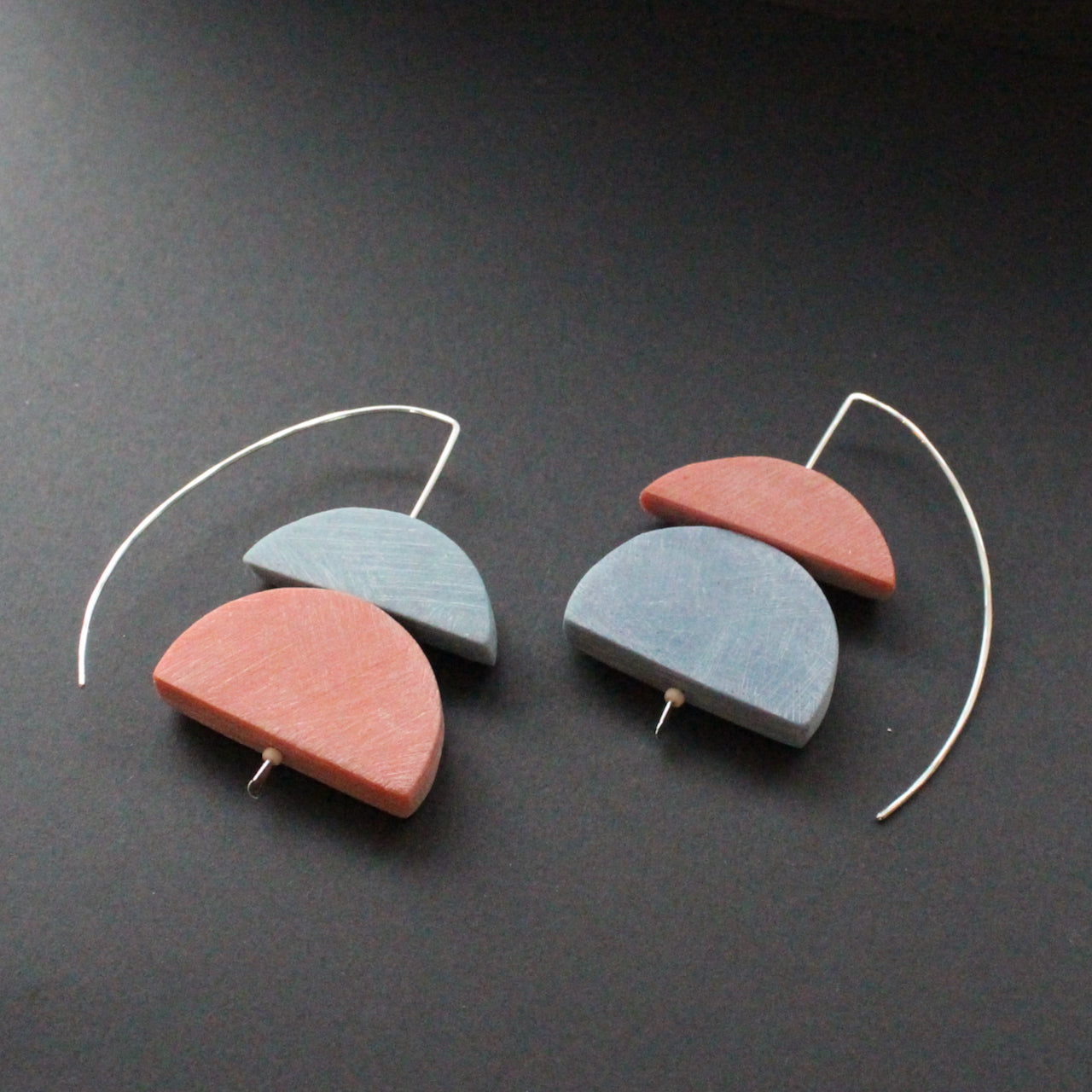 Drop earrings with Indigo and Rouge Ercolano by artist Clare Lloyd