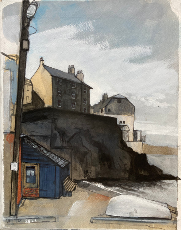 Painting of houses overlooking Cawsand beach in Cornwall with upturned boat on beach in the foreground by artist Steven Buckler
