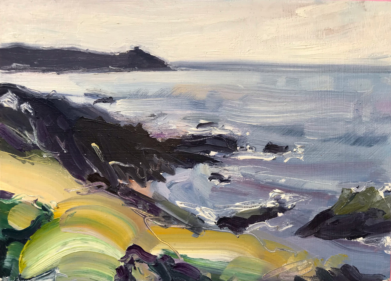 Rame Head peninsula seascape with blue & grey ocean, black, yellow and green coastline by artist Jill Hudson