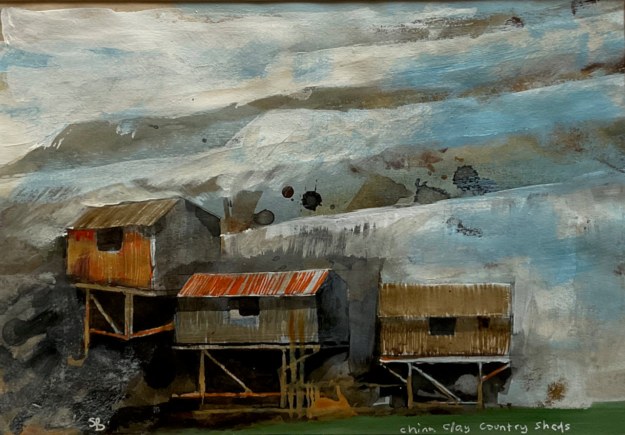 Brown sheds nestled into  the grey quarry in ink and acrylic by artist Steven Buckler